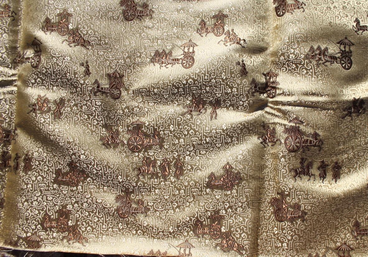 A Chinese silk panel with horse and carriage design in shades of gold and khaki, 214" x 30", a - Image 2 of 23