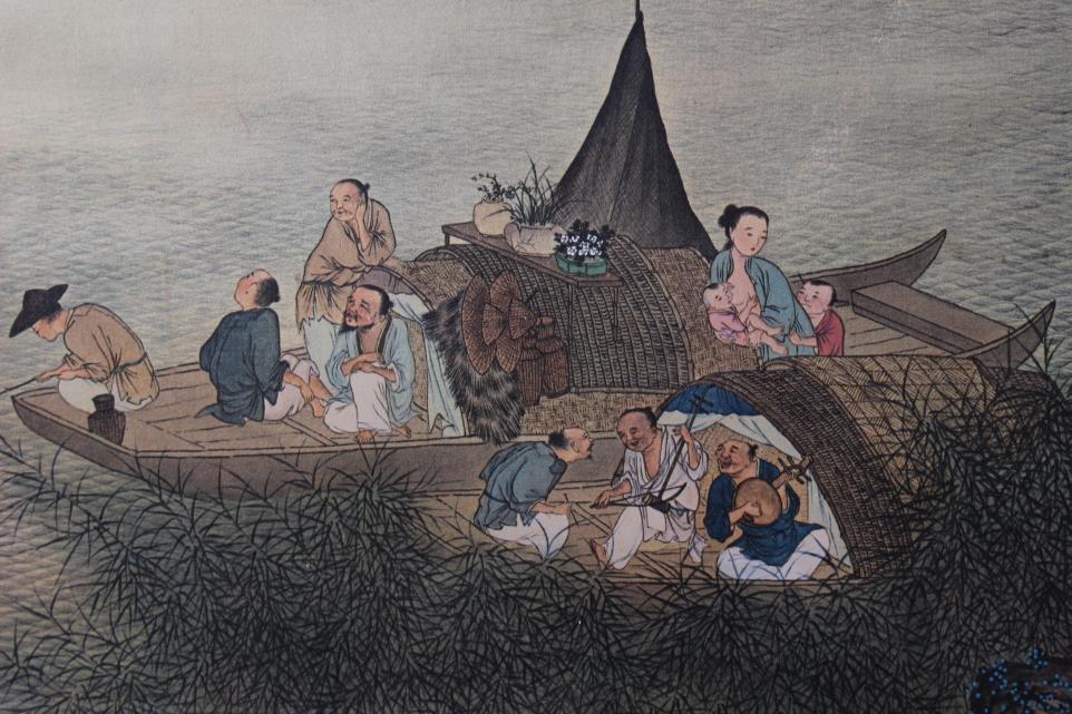 A Chinese print, figures in boats on a river, 13 1/2" x 28 1/4", in gilt frame - Image 4 of 5