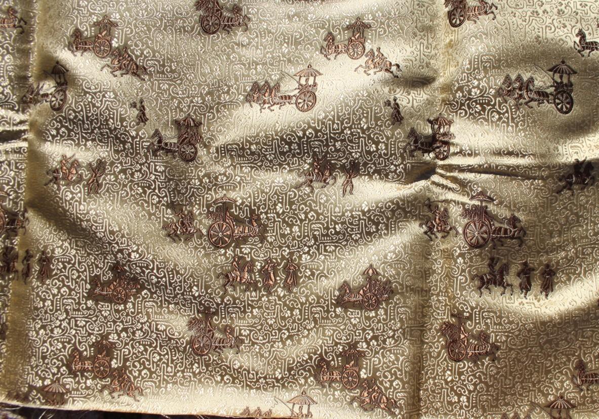 A Chinese silk panel with horse and carriage design in shades of gold and khaki, 214" x 30", a - Image 11 of 23
