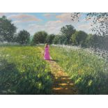 John Palmer: oil on canvas, woman in a flower meadow, 17 1/4" x 23 1/4", in gilt frame