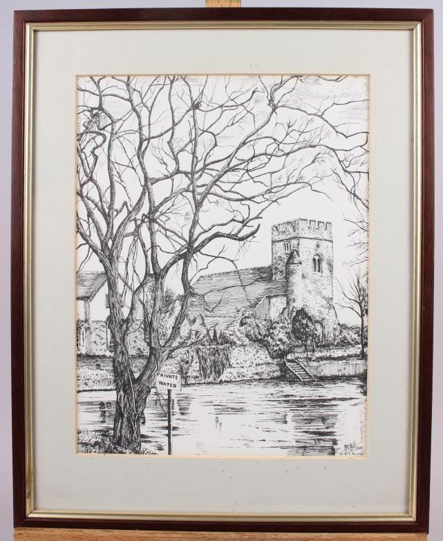 D T Alan: a print of Goring church, 11 1/4" x 8 3/4", in wooden strip frame, and a print, - Image 2 of 8