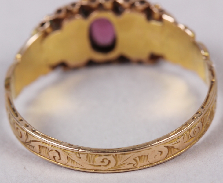 A late 19th century 15ct gold, ruby and opal dress ring with engraved shank, 1.9g, size P - Image 3 of 5