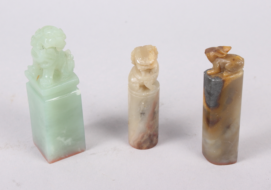 A Chinese carved jade Dog of Fo, on square jade stand, 3" high, a similar jade model of a rabbit, - Image 5 of 6