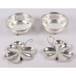 A pair of Walker & Hall bonbon dishes and a pair of silver dishes formed as shamrocks, 4.4oz troy