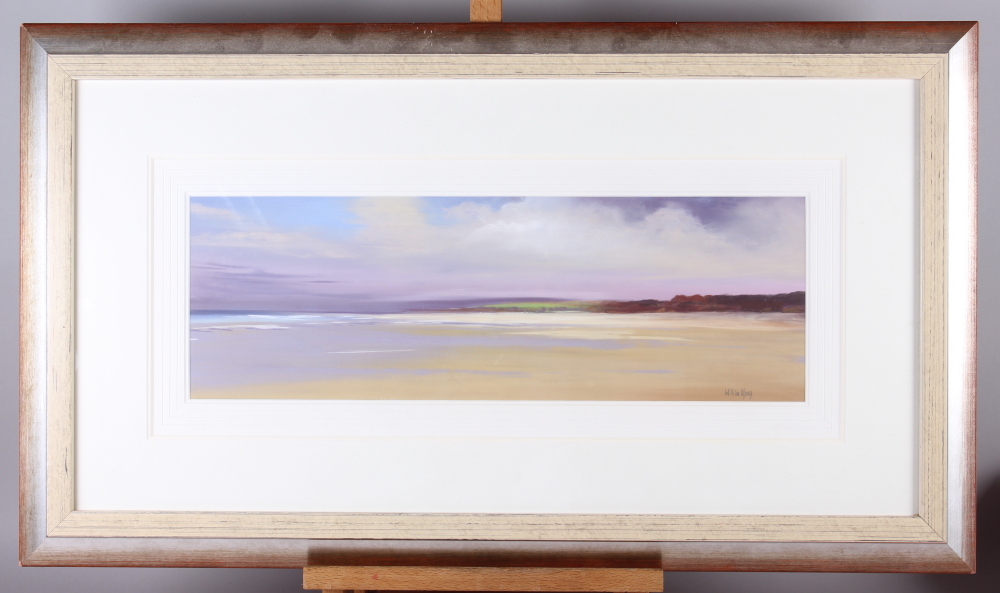 William A Jones: pastels, coastal scene, 7" x 20 3/4", in silvered frame