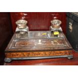 A 19th century Tunbridgeware decorated inkstand, fitted two glass inkwells