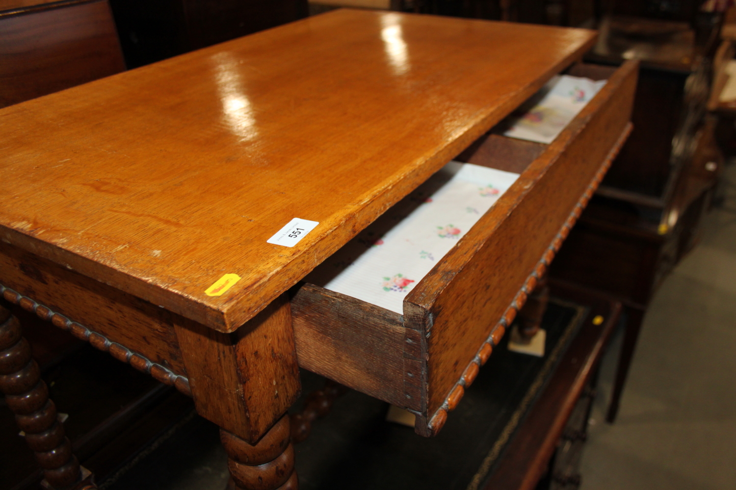 A 19th century oak side table, fitted frieze drawer, on bobbin turned supports, 36" wide - Image 3 of 7