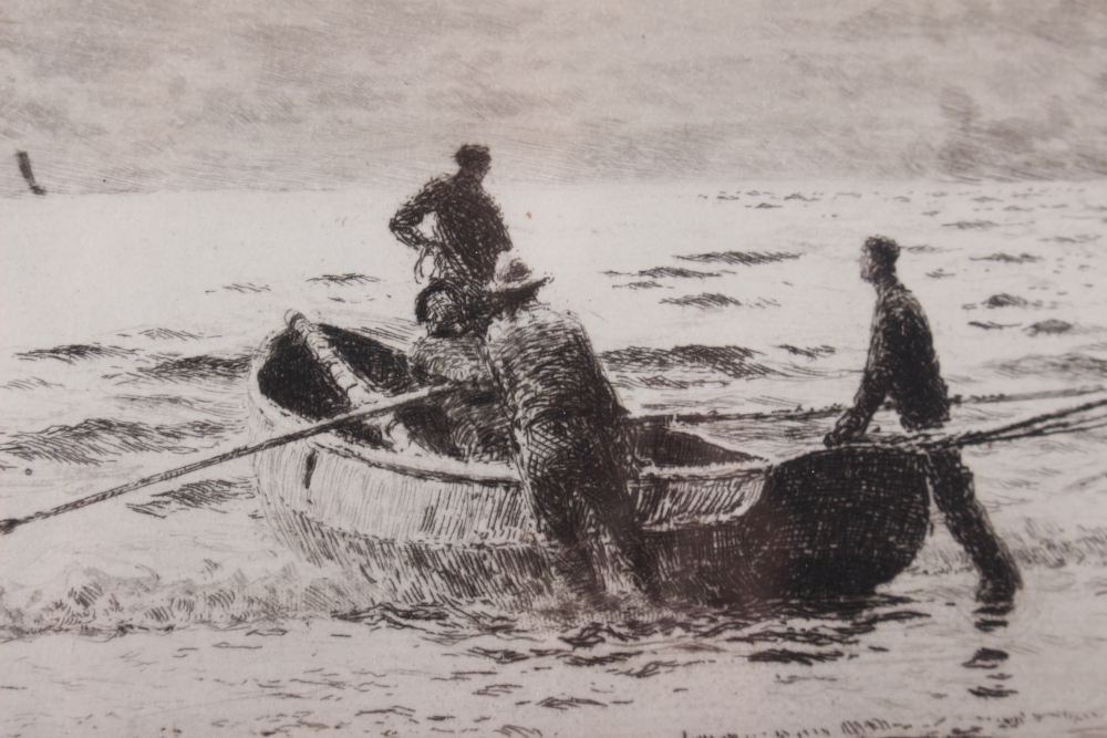 William Lionel Wylie: an etching, coastal scene with fishing boats and figures, 8 1/2" x 19 3/4", in - Image 4 of 4