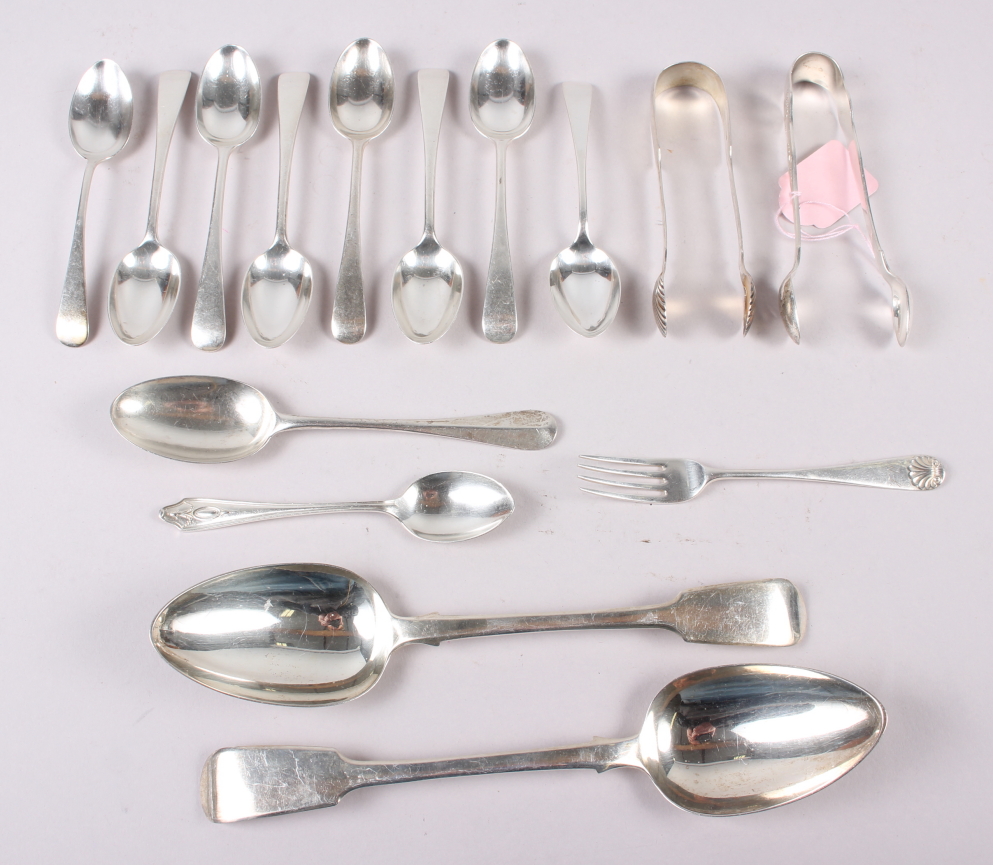 A set of six Old English pattern silver teaspoons, a pair of George III silver tablespoons, two