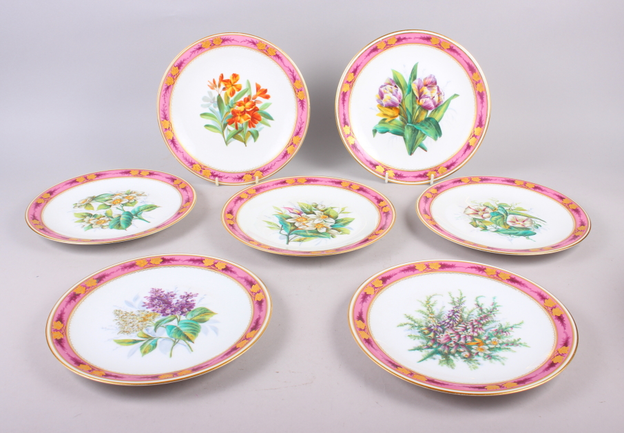 A Continental porcelain dessert service with hand-painted floral decoration and pink and gilt - Image 5 of 8