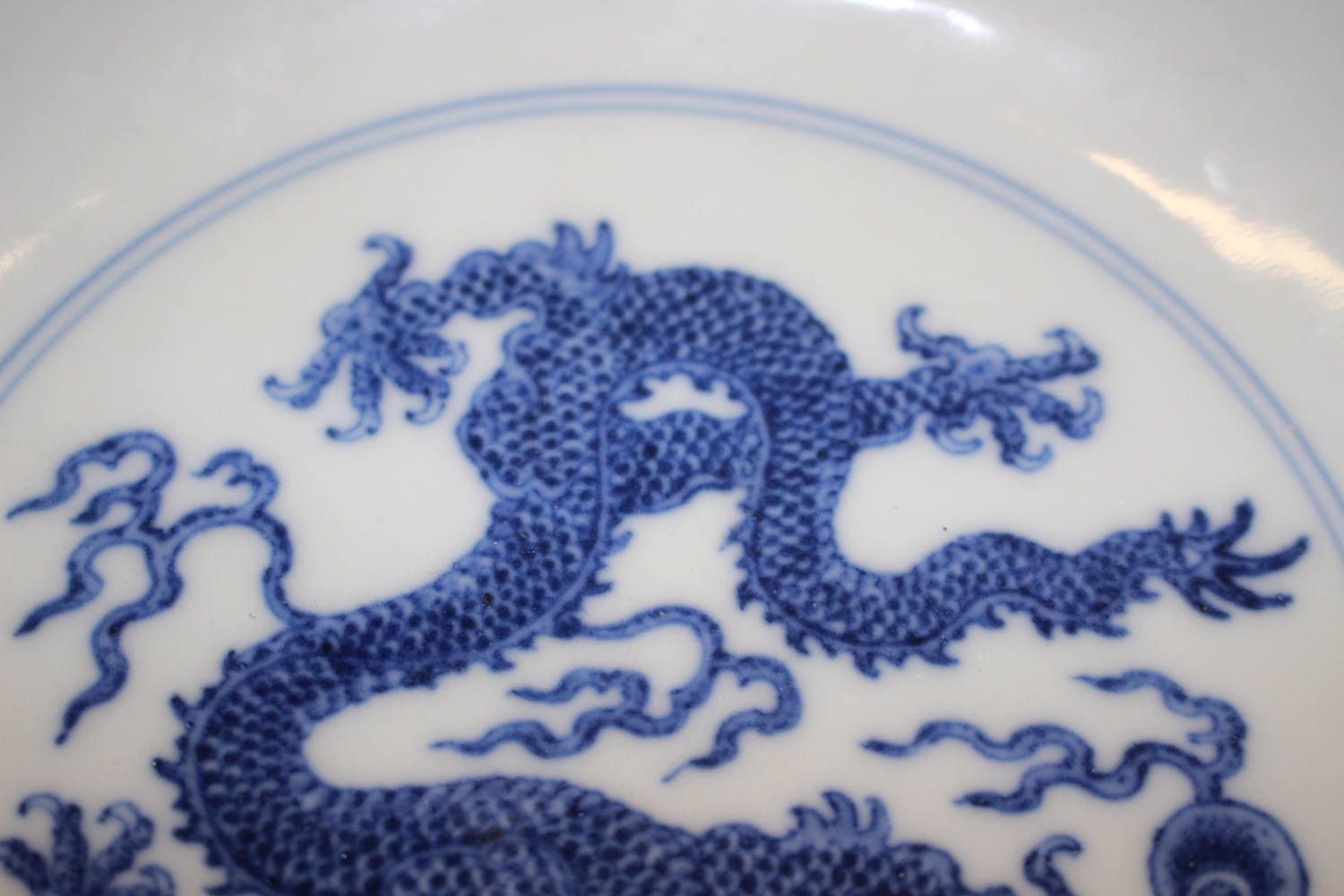 Two Chinese blue and white dragon decorated dishes with six character marks to bases, similar plates - Image 26 of 30