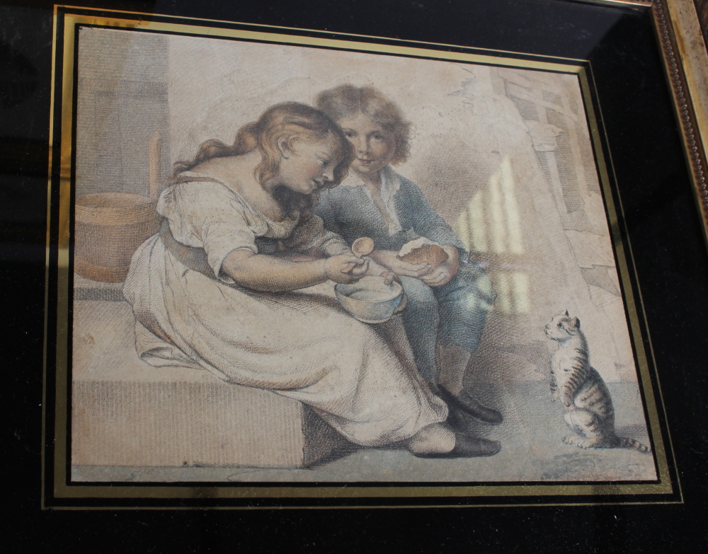 A pair of 19th century stipple engravings of children with a cat, in black glass mounts, another - Image 6 of 7
