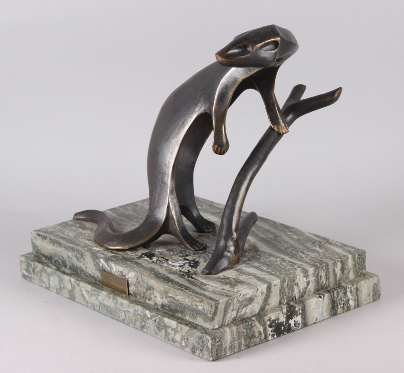 John Mulvey: a limited edition bronze sculpture of an otter, on stepped marble base, 7/9, 13"