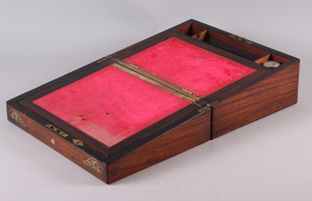 A 19th century rosewood writing box, decorated pierced mother of pearl spandrels, 12" wide - Image 2 of 2