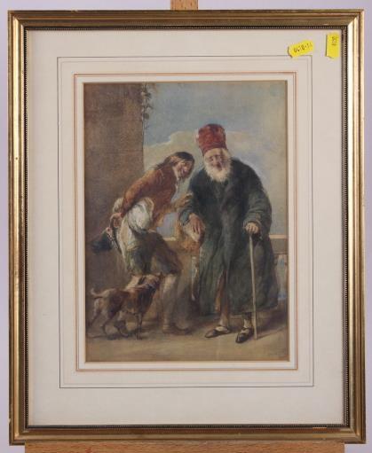 Joseph Wilkes: watercolour study, ragamuffin with dog and an old man, 11" x 8", in wash line mount