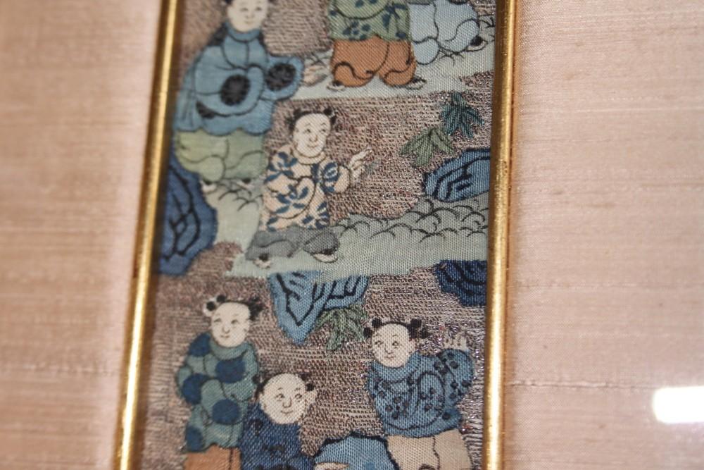 A pair of Chinese embroidered panels decorated figures, 11 1/2" high x 3" wide, in gilt frames - Image 5 of 10