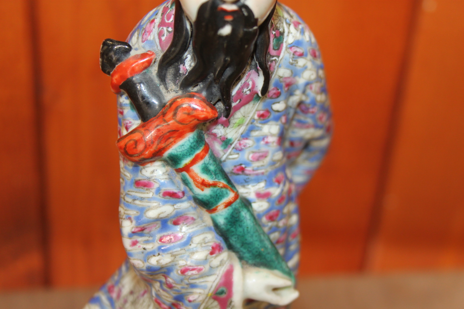 A Chinese polychrome decorated figure of a man holding a sword, a green glazed wall pocket with - Image 25 of 25