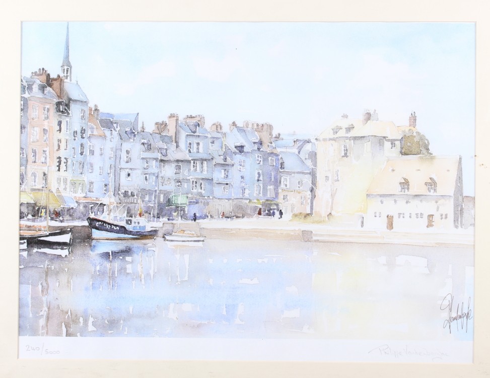 Phillipe Vandenburgh: a signed limited edition colour print, harbour scene of Honfleur, 240/5000, in