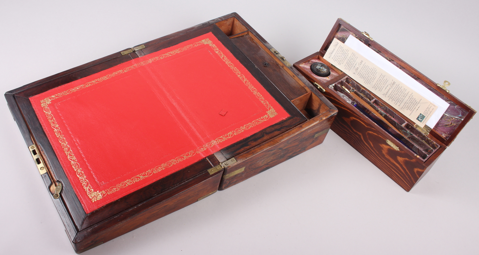 A 19th century rosewood writing box inset brass corners, 12" across, and a boxed calligraphy set - Image 2 of 3