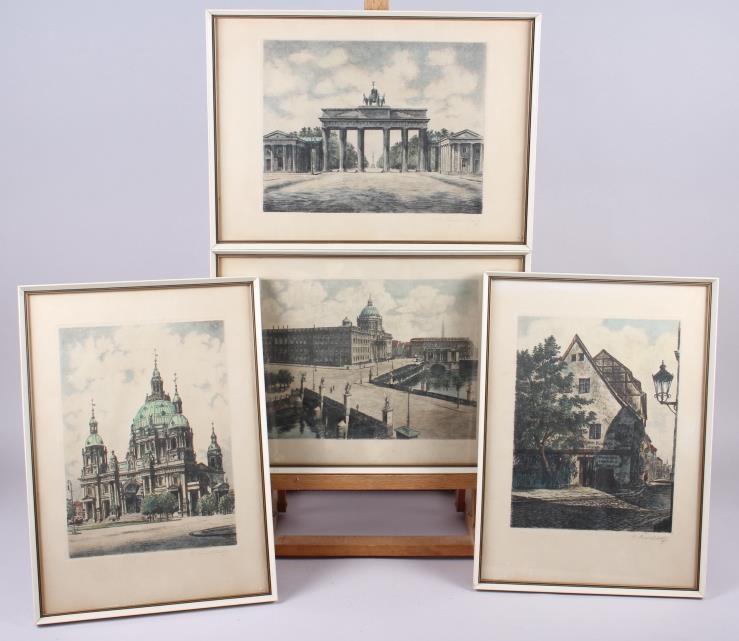 Four Continental colour prints of buildings, indistinctly signed, in white and gilt frames, and