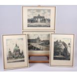 Four Continental colour prints of buildings, indistinctly signed, in white and gilt frames, and