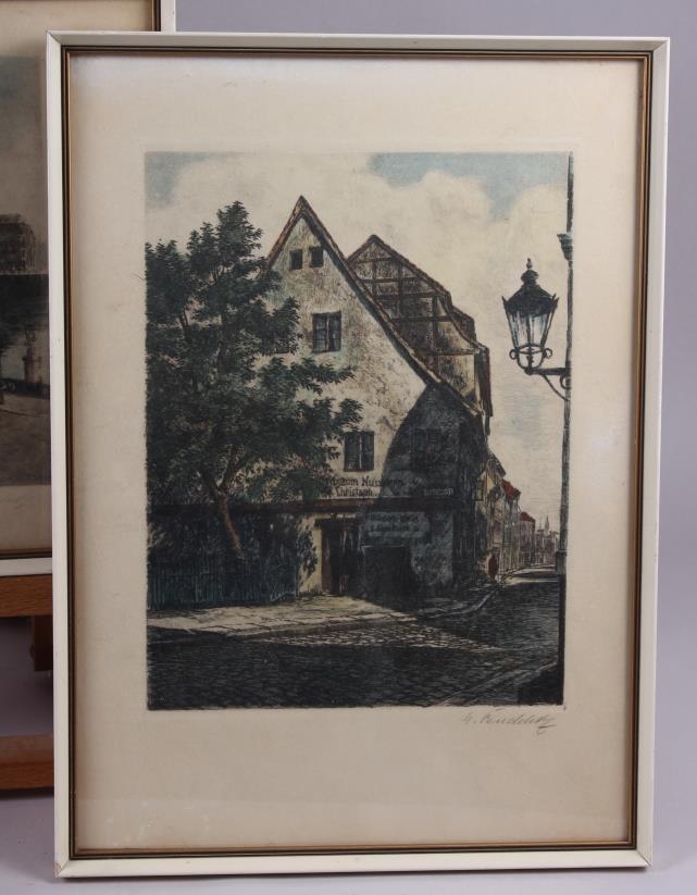 Four Continental colour prints of buildings, indistinctly signed, in white and gilt frames, and - Image 4 of 4