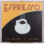A pair of pop art canvas prints, "Espresso" and "Latte", 21" square, unframed, M E Alexander: a