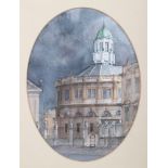 Ken Messer: watercolours, The Sheldonian Oxford, 7 3/4" x 5 1/2", on oval mount and gilt strip frame