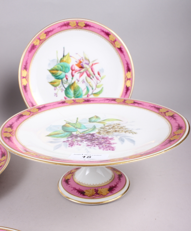 A Continental porcelain dessert service with hand-painted floral decoration and pink and gilt - Image 2 of 8