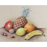 H Young: a modern watercolour, still life of fruit, 12" x 15", and four other framed pictures