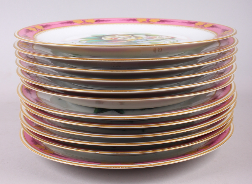 A Continental porcelain dessert service with hand-painted floral decoration and pink and gilt - Image 8 of 8