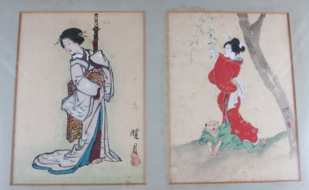 A set of six Japanese watercolours, various figures, each drawing 8" x 6", in two black frames - Image 3 of 3
