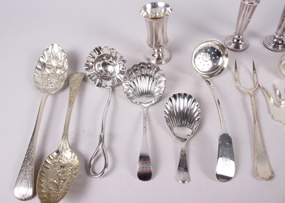 A pair of small silver posy vases, a silver tot, a pair of silver condiments and a small - Image 2 of 6