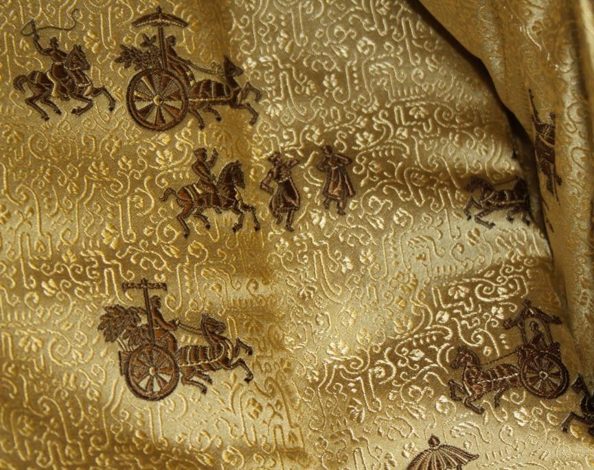 A Chinese silk panel with horse and carriage design in shades of gold and khaki, 214" x 30", a - Image 7 of 23