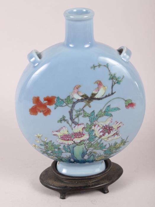 A Chinese moon flask with famille rose decoration of birds and flora, 9 1/2" high, with hardwood - Image 3 of 13