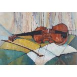 A K D: bodycolours, study of a violin, 21" x 15", in gilt frame