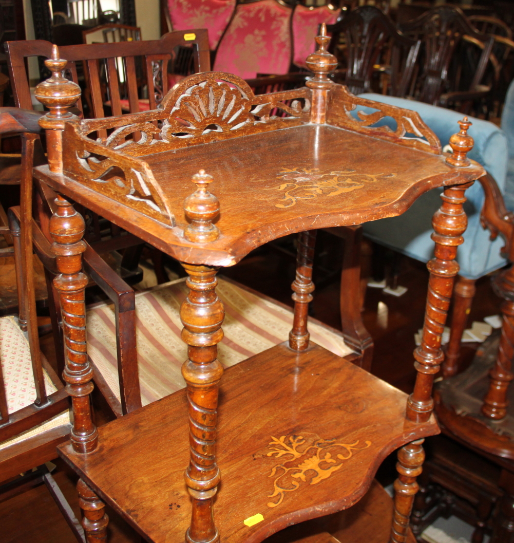 A Victorian walnut three-tier whatnot inlaid vase design, 19" wide and two Victorian circular - Image 2 of 5