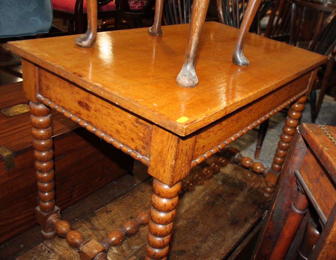 A 19th century oak side table, fitted frieze drawer, on bobbin turned supports, 36" wide - Image 2 of 7