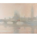 Richard Ewen, 1986: oil on canvas, view of Westminster Bridge and the Houses of Parliament in fog,