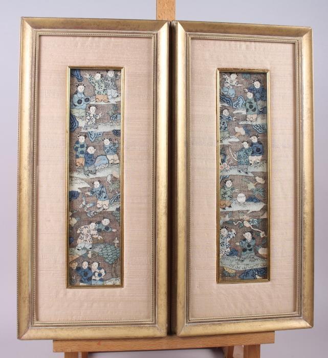 A pair of Chinese embroidered panels decorated figures, 11 1/2" high x 3" wide, in gilt frames