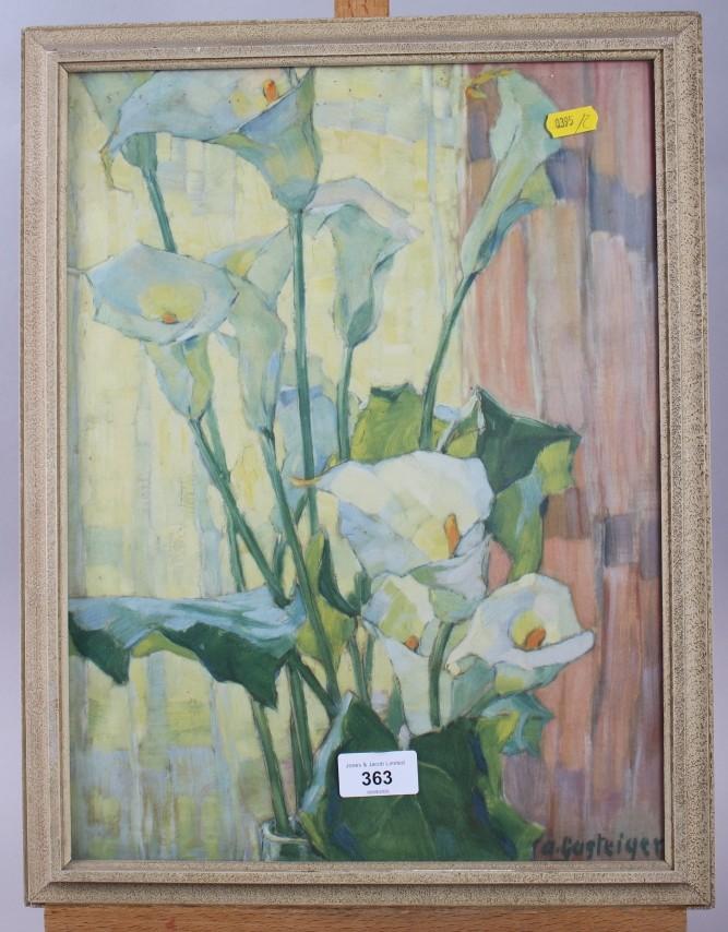A Gusteiger: two prints, "Lilies" and another floral study, in cream strip frames, a pastel study of - Image 6 of 11