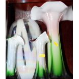 A modern Polish glass vase with iridescent decoration, 14" high, a multi-coloured glass floral-