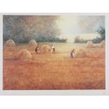 Russell Flint: a coloured print, interior scene, in frame, and John Bond: two prints of harvesters