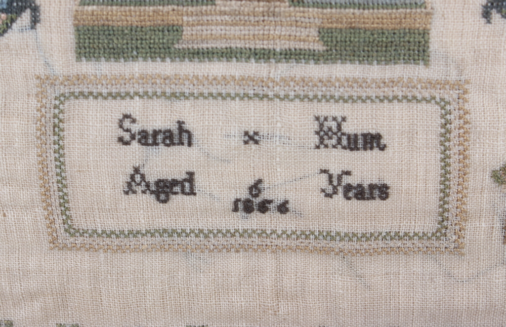 A Victorian sampler, by Sarah Hunt aged 6 1856, with worked alphabet and number border, 12" x 12", - Image 3 of 9