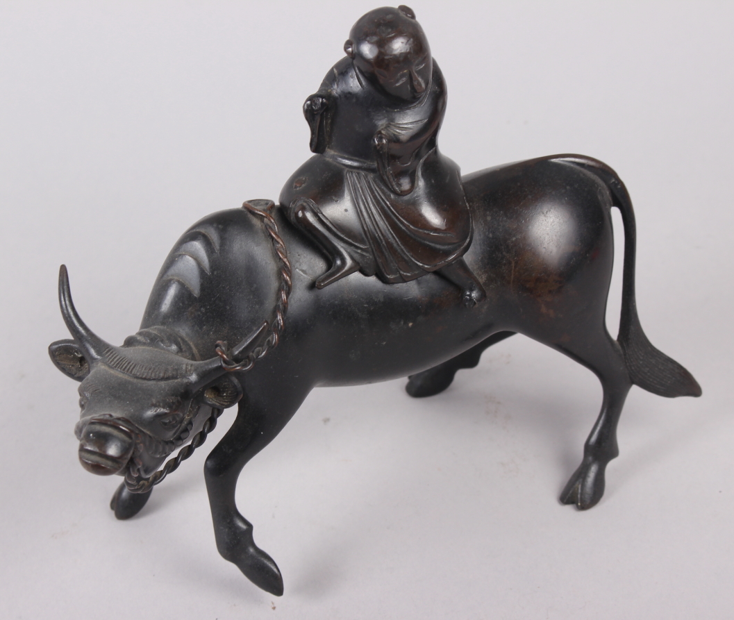 Two Chinese bronze models of figures on the back of buffalos, larger 6 1/4" high - Image 5 of 7