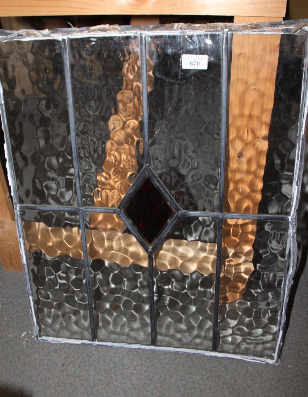 Three matching lead lined stained glass panels, 15" x 17" (damages), two similar panels and a hinged