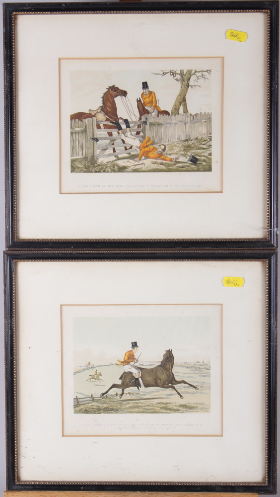 A set of six 19th century hand-coloured comic hunting prints, in strip frame