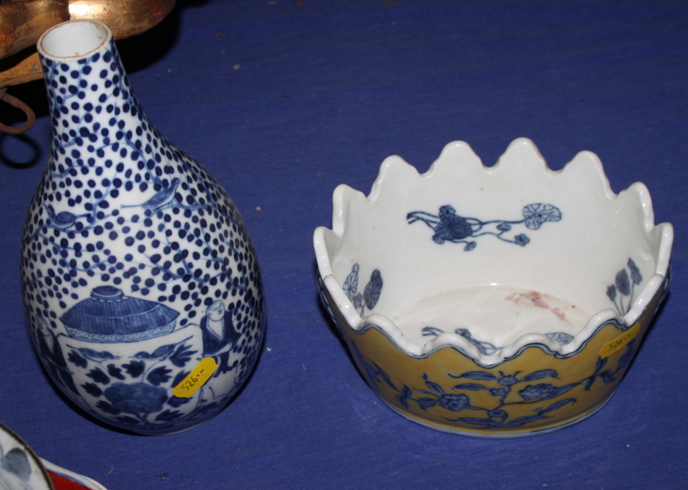 A 19th century Chinese blue and white vase, decorated figures carrying an urn (cut down), a blue and - Image 2 of 12