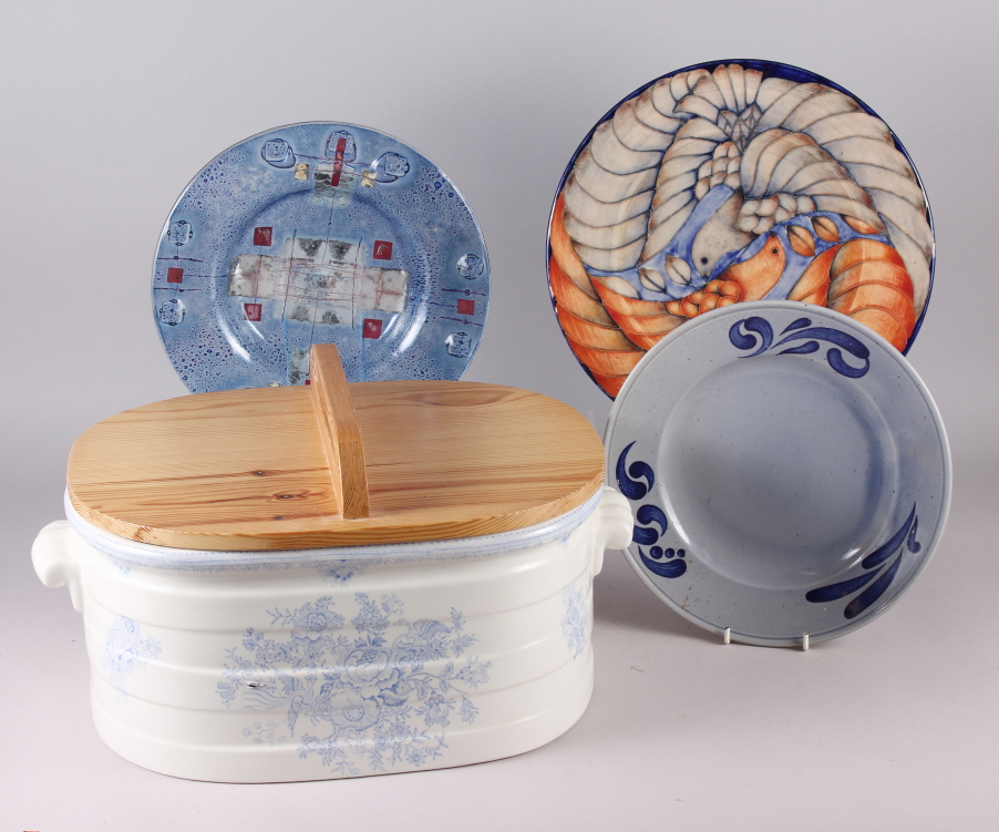 A Dennis Chinaworks plate, decorated birds, a Schonwald plate, a glass bowl and a Burleigh blue
