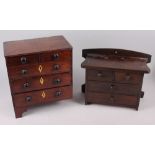 A 19th century miniature chest of two short and three long drawers, on bracket supports, 10" wide,
